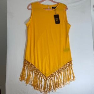 L&B Tank Top, Tunic Length with Fringe, Semi Sheer, Mustard Yellow, NWT